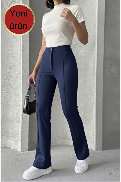 glanour Pantaloni de damă bleumarin talie înaltă efect modelator cu picior ev...