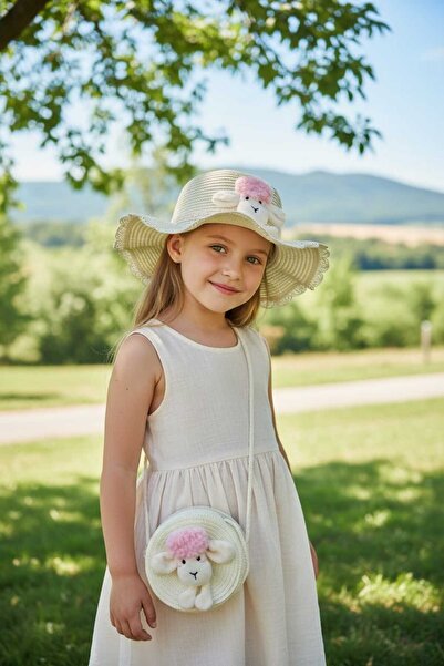 Aware Time 3-8 Yaş Kız Çocuk Hasır Aksesuarlı Fötr Şapka Çanta Set