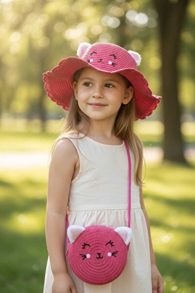 Aware Time 3-8 Yaş Kız Çocuk Hasır Aksesuarlı Fötr Şapka Çanta Set