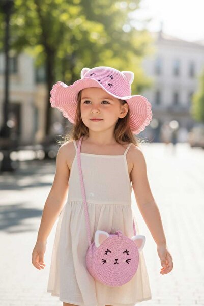 Aware Time 3-8 Yaş Kız Çocuk Hasır Aksesuarlı Fötr Şapka Çanta Set