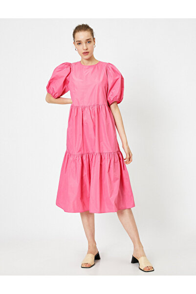 Koton Midi-Kleid mit Ballonärmeln und Rundhalsausschnitt