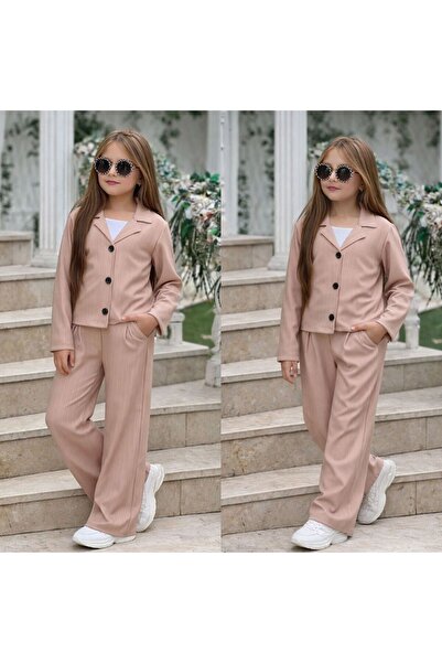 KOKOŞ BEBEK Girl's Jacket and Pants Set – Pleated Pants with Pocket Button De...