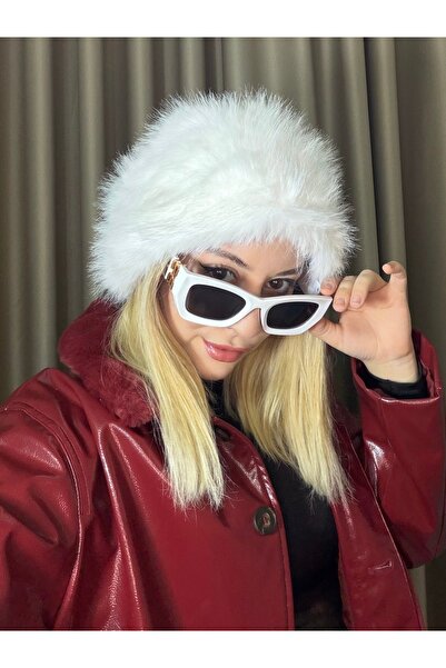 GRAZELLA Beyaz Kışlık Kürk Uzun Tüylü Peluş Kadın Rus Kalpak Şapka Kabarık Yo...