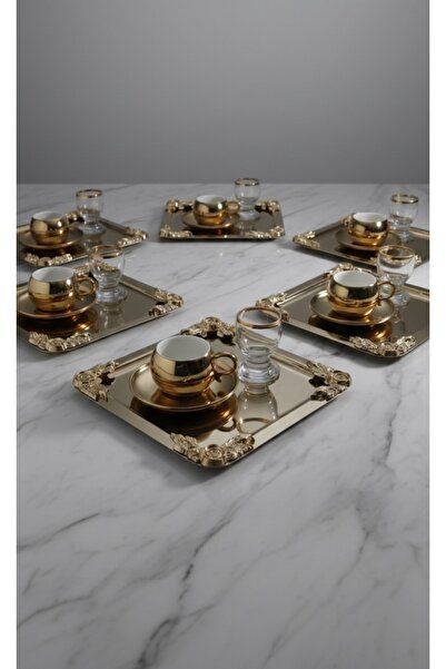 SİNİ Köşe Tekli Gül Aksesuarlı Paslanmaz Çelik 6 Adet Kare Lüx Gold Kahve, Ça...