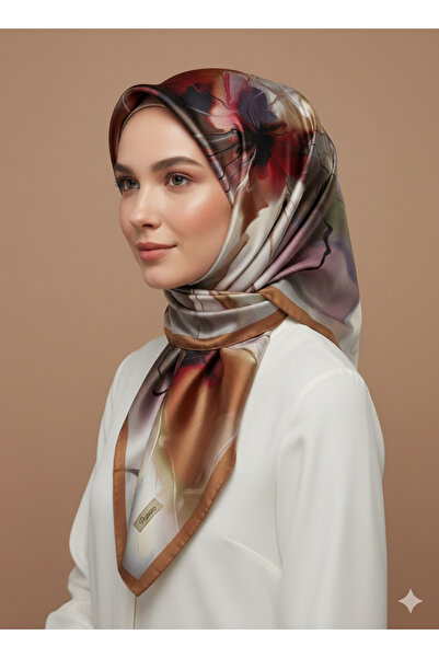 Picasso İpek Görünümlü Kahverengi Kristal Eşarp – Twill Şık Tasarım 90x90