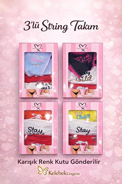 Kelebeklingerie 3lü Dantelli VS taş baskılı Fantezi Külot