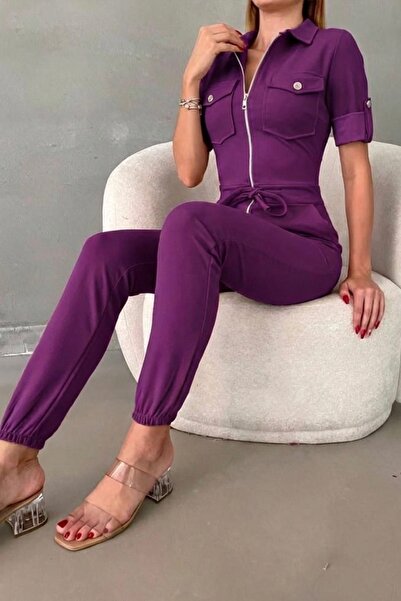 rengamoda Women's Imported Crepe Fabric Zippered Pocket Detail Belted Jumpsui...