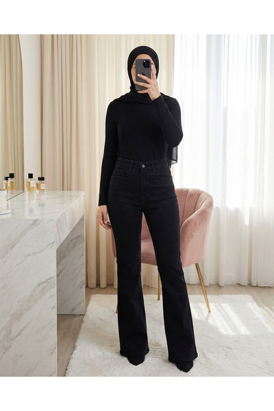 Modamorfo Flared L Stretch Fabric Zippered Jeans with Pockets - Black