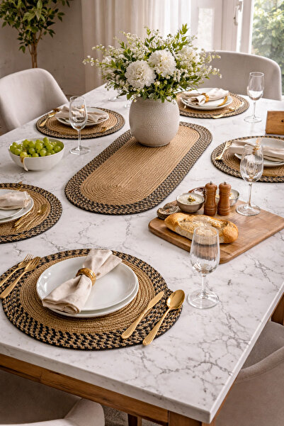 Mastella Doğal Jüt Runner & 6 Adet Supla Set | Amerikan Servis