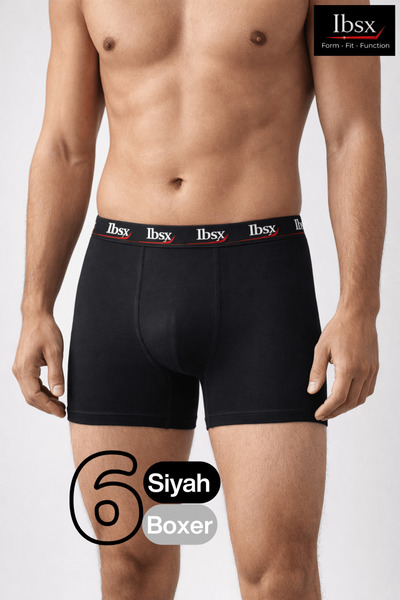 IBSX Premium Erkek Boxer Seti - 6'lı Siyah Penye Pamuklu, Likralı, Bel Lastik...