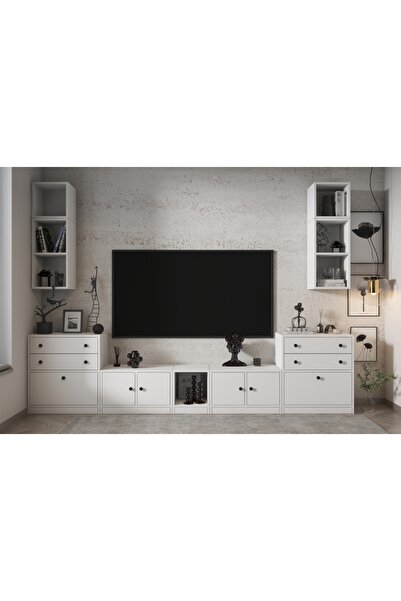 Nettrends Ikili Duvar Dolaplı Altı Kapaklı Dört Çekmeceli Tv Ünitesi Beyaz 29...