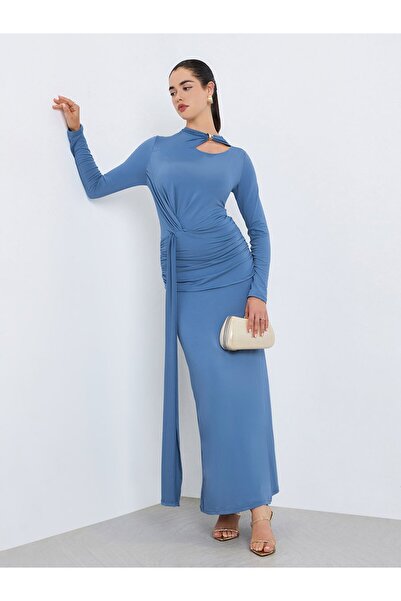 Styli Women Blue Asymmetric Neck Bodycon Maxi Dress