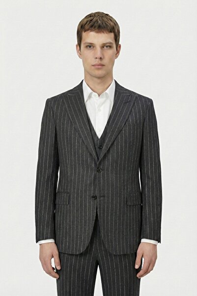 Sabri Özel Giotelli Antrasit Slim Fit Çizgili Mono Yaka Yelekli Takım Elbise