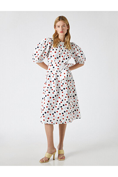 Koton Φόρεμα Ποπλίνα Πουά Μπαλόνι μανίκι μέση δεμένο Crew λαιμόκοψη