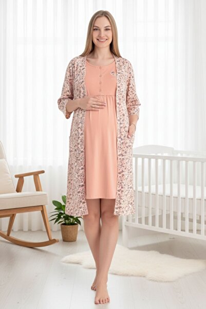 Cotpark Kadın Pamuklu Likralı Kumaş Hamile Ve Lohusa Sabahlıklı Gecelik Takım...