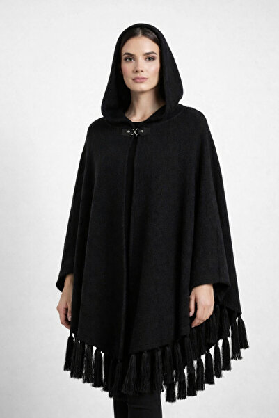 Uludağ Triko Γυναικείο πόντσο με μαύρη κουκούλα με υφή