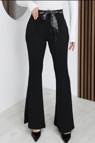 Safgiyim44 Black Black Slim Fit Flared Belt Detail Trousers