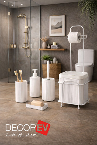 decorev 6'lı Kare Beyaz Banyo Seti Metal Standlı 5 Litre Tuvalet Wc Kağıtlık ...