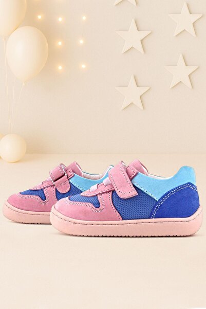 Rakerplus Bob Hakiki Deri Mavi Pembe Barefoot Cırtlı Lastikli Bebek Sneaker A...