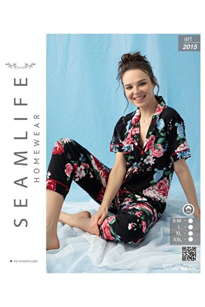 seamlife طقم بيجامة قميص منسوج بأكمام قصيرة للنساء