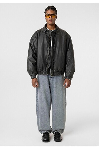 VAMOSCLO سترة جلدية سوداء كبيرة الحجم مغسولة