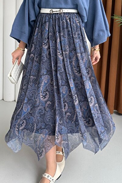 Modaensarbutik Beli Lastikli Asimetrik Kesin Şifon Etek-LACİVERT