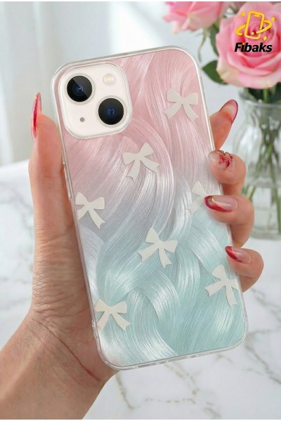 Fibaks iPhone 14 Plus/15 Plus Kılıf Parlak Fiyonk Desenli Darbe Emici Kamera ...