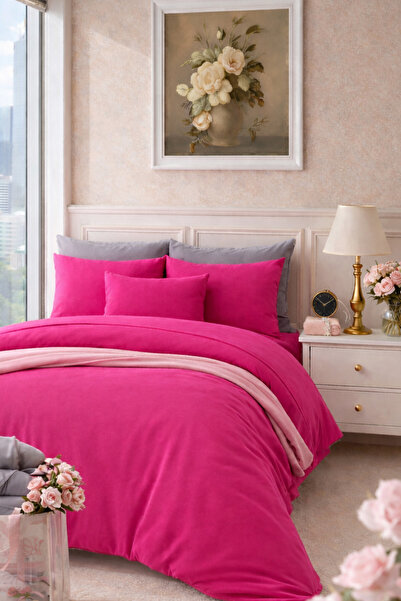 İQON Flat Sheet Duvet Cover Set 100% Cotton Single Size Fuchsia-Grey