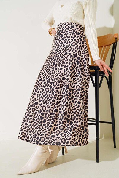SİBELİZE Bel Lastikli Leopar Saten Etek Bej