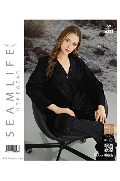 seamlife Set de pijamale pentru femei, cu mâneci lungi, cu nasturi în față