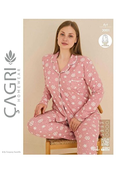 seamlife طقم بيجامة نسائية كبيرة الحجم بنقشة ندفة الثلج ناعمة بأكمام طويلة