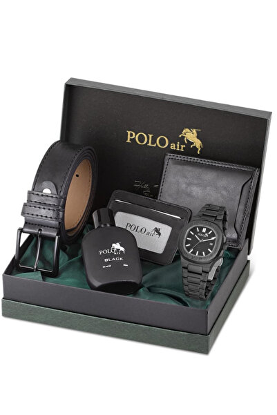 Polo Air Erkek Kol Saati Seti Cüzdan Kartlık Kemer Parfüm Kombin Siyah Renk K...