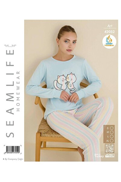seamlife Set de pijamale termice pentru femei, cu mâneci lungi, cu modele dub...