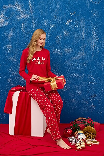 Over Sleep by Poleren Set de pijamale roșii cu gâtul în formă de O pentru femei