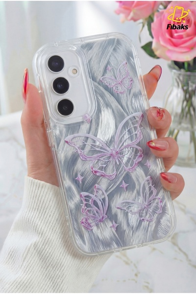 Fibaks Galaxy A16 Kılıf Parlak Hologramlı Kelebek Desenli Darbe Emici Kamera ...