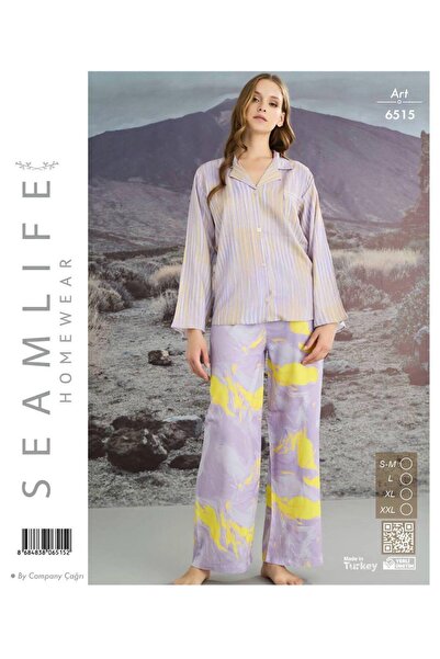 seamlife Γυναικείο Σετ Πυτζάμες με μακρυμάνικο υφαντό πουκάμισο με κουμπιά μπ...