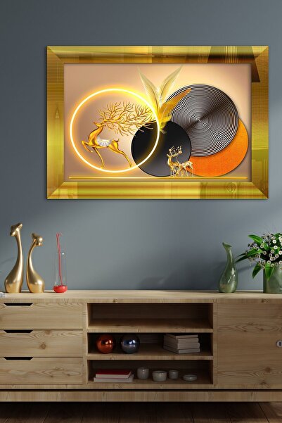 Evinemoda Gold Geyik Geometrik Desenler Tek Parça Gold Pleksi Aynalı Tablo