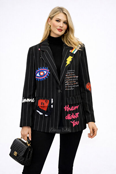 günay boutıque Appliqué Detailed Striped Oversized Blazer Jacket