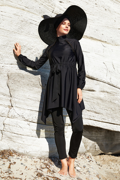 Adasea Design Lycra Full Covered Hijab Swimsuit at Waist 1124 Black