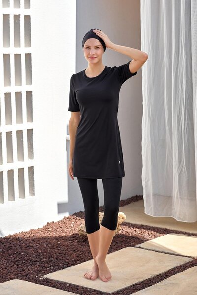 MARESİVA Jileli Kısa Kollu Yarı Kapalı Tesettür Mayo 2606-25 Siyah