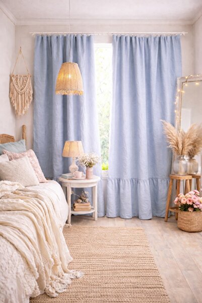 shules collection Natural Vintage Blue Curtain with Ruffles at the Bottom (Wi...