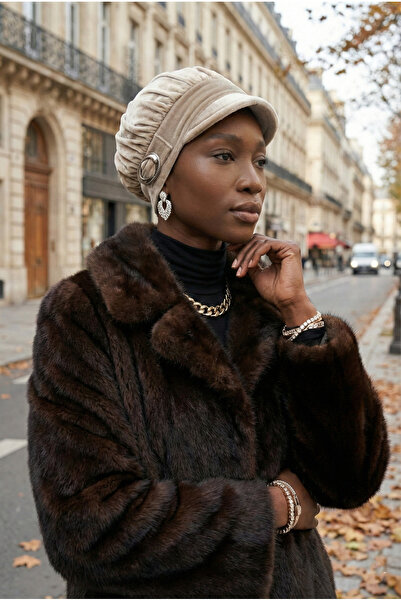 fidan bone Șapcă din catifea, cu detaliu de cataramă, turban prefabricat bej,...