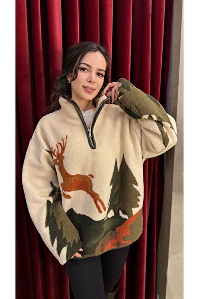 Dik Yaka Geyik Desenli Polar Sweatshirt