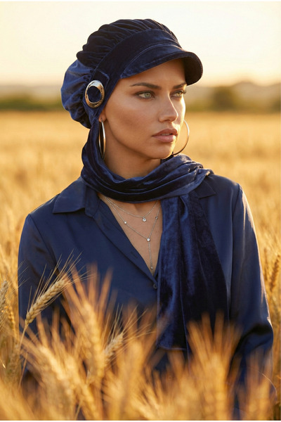 elysianfidan قبعة مخملية مع وشاح وتفاصيل مشبك باللون الأزرق الداكن، حجاب جاهز...