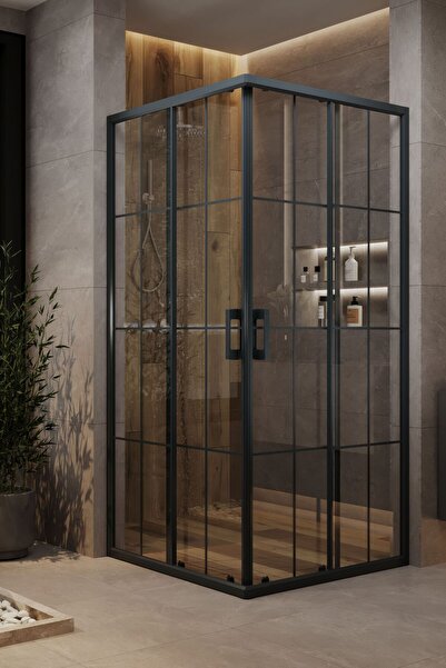 MONAQUA Arteko Duşakabin Kare - Antrasit Profil - Karolaj Antrasit Çizgili 5m...