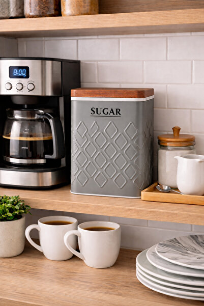 Arma House 1 Piece Seersucker Gray Candy Storage Box & Jar with Wooden Look M...