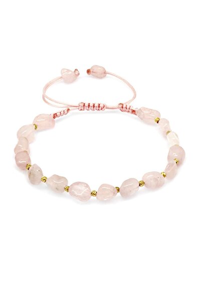 Tesbihane سوار نسائي من حجر الكوارتز الوردي الطبيعي المضفر من Macrame