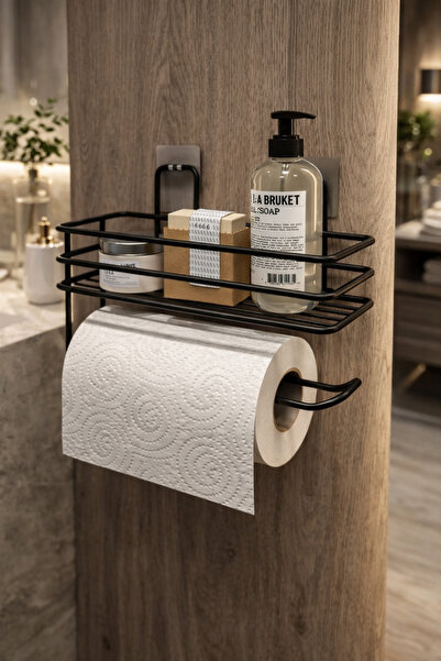 BEYZANA Yapışkanlı Raflı Kağıt Rulo Havluluk Peçetelik Siyah Banyo Mutfak Düz...