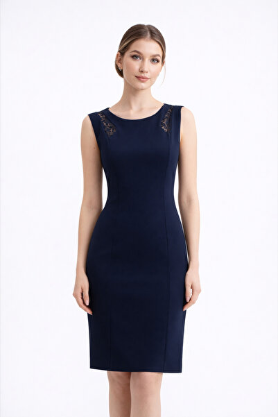 HOX'S Audrey | Dantel Garnili Dizüstü Kalem Elbise Kolsuz - Lacivert