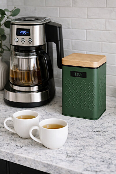 Arma House علبة تخزين الشاي الأخضر مع غطاء معدني بمظهر خشبي قطعة واحدة وبرطما...